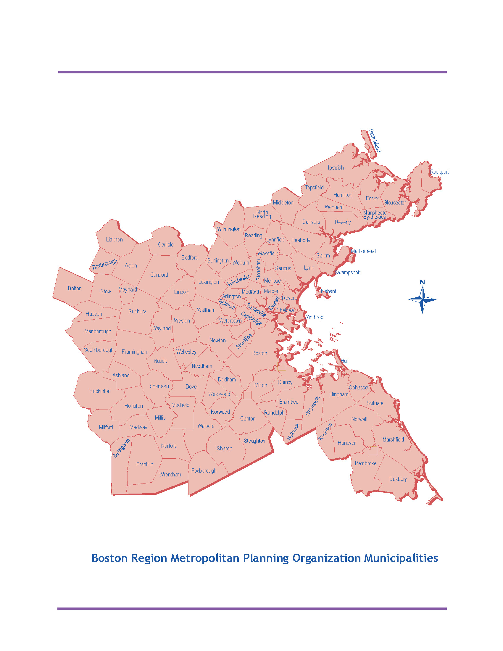 This image is a map of the Boston Region MPO region. This map includes the boundaries of the 101 cities and towns that are located within the region.