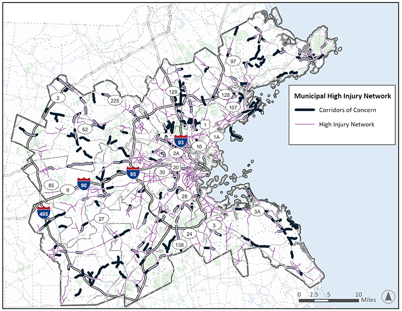 Figure C-3: A map of the Boston MPO Region with line segments depicting the high injury network in each of the 97 municipalities. The map is an example from the project on-line tool which allows users to focus in on specific municipalities to identify specific corridors of concern and high injury locations.
