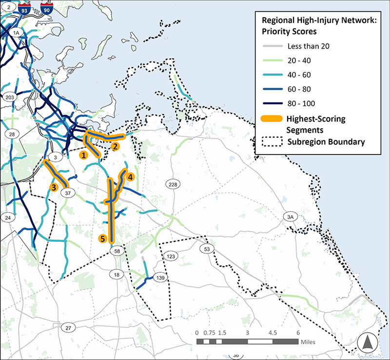 A map of the South Shore Coalition (SSC) Subregion, consisting of the coastal communities southeast of Boston. A Prioritized Regional High Injury Network, consisting of highlighted highest-scoring roadway segments, is overlayed on the map. This area has high-scoring segments in Quincy, Randolph, Brockton, Braintree, Marshfield, and Nantasket Beach.