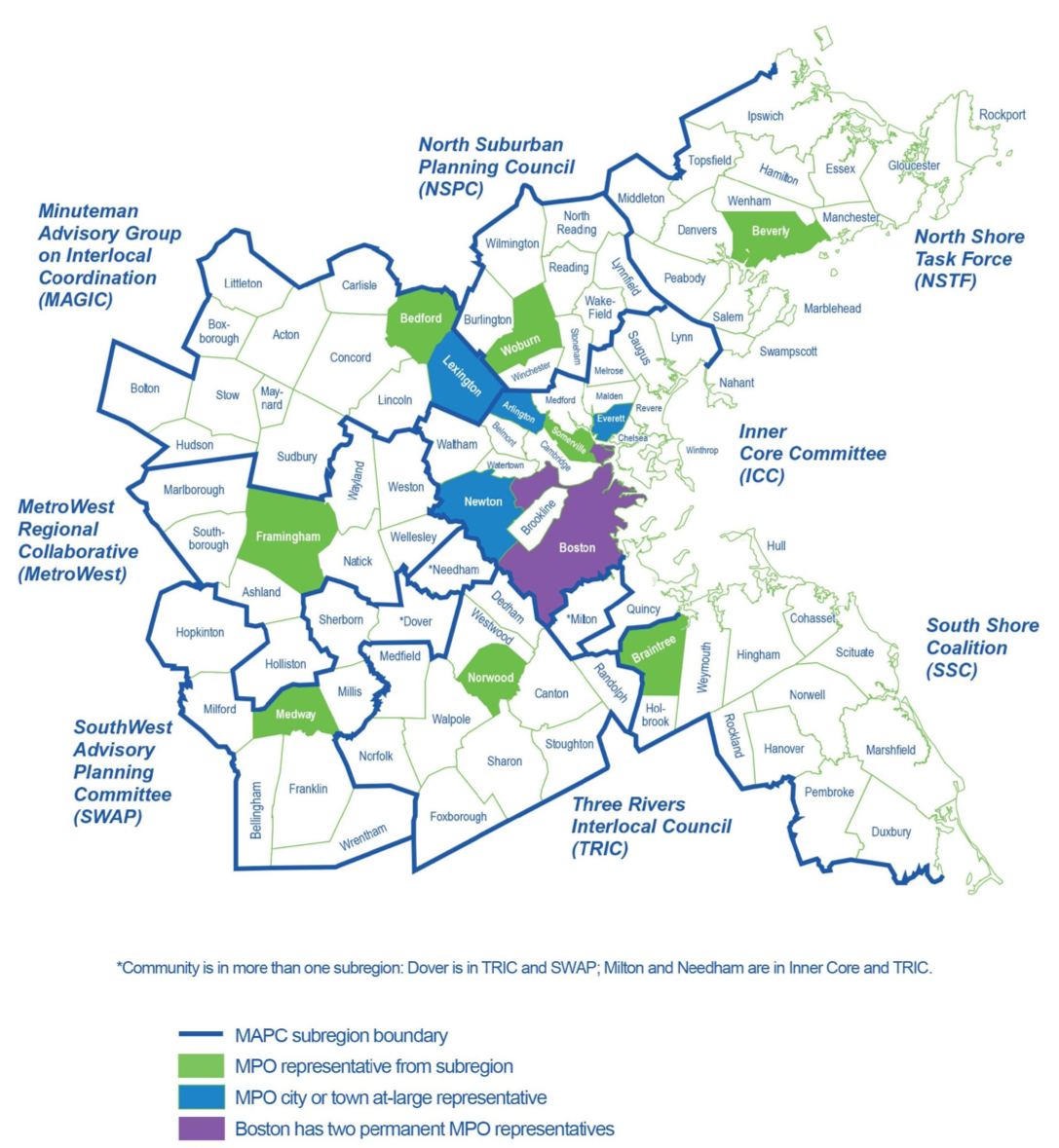 Map of Boston Region MPO Area, MPO Municipal Members, and MAPC Subregions