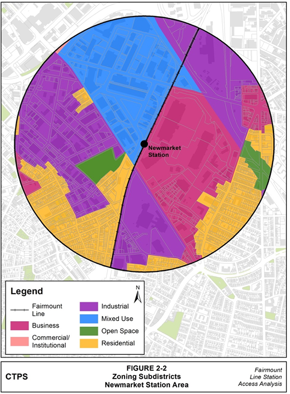 Figure 2-2, Zoning Subdistricts—Newmarket Station Area: Table 2-2 (portrait orientation) presents a map of the Newmarket station area that illustrates the zoning within the station area by color-coding zoning subdistricts.