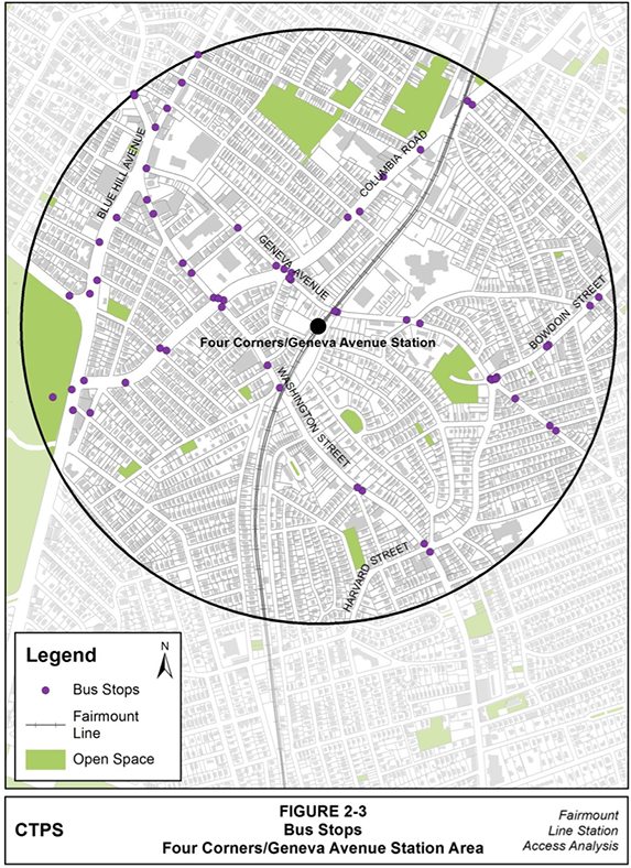 Figure 2-3, Bus Stops—Four Corners/Geneva Avenue Station Area: Figure 2-3 (portrait orientation) presents a map with every bus stop in the Four Corners/Geneva Avenue station area.