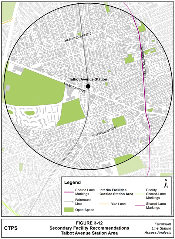 Figure 3-12, Secondary Facility Recommendations—Talbot Avenue Station Area: Figure 3-12 (portrait orientation) presents the Boston Bike Network Plan’s secondary facility recommendations for the Talbot Avenue station area.