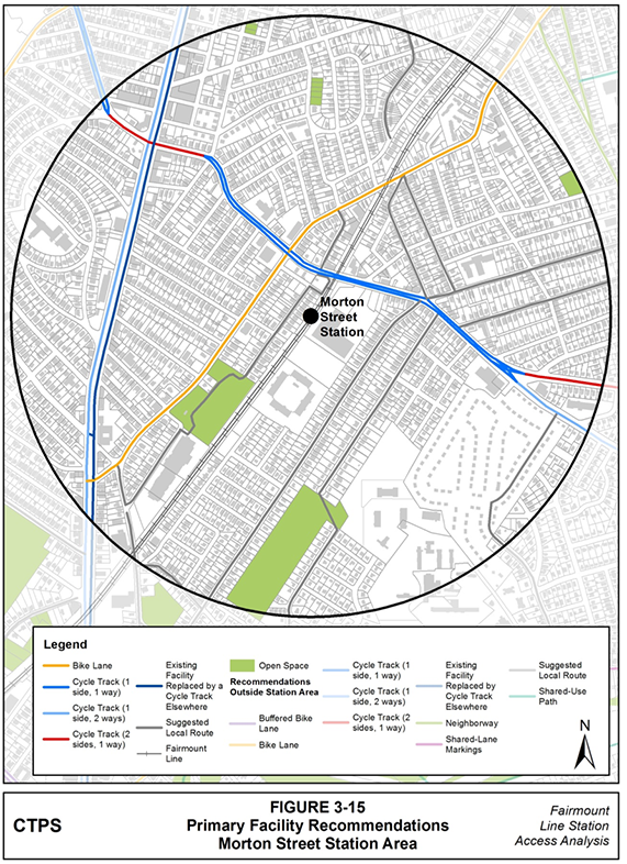 Figure 3-15, Primary Facility Recommendations—Morton Street Station Area: Figure 3-15 (portrait orientation) presents the Boston Bike Network Plan’s primary facility recommendations for the Morton Street station area.