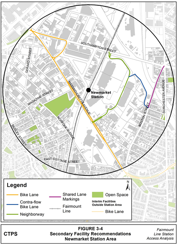 Figure 3-4, Secondary Facility Recommendations—Newmarket Station Area: Figure 3-4 (portrait orientation) presents the Boston Bike Network Plan’s secondary facility recommendations for the Newmarket station area.