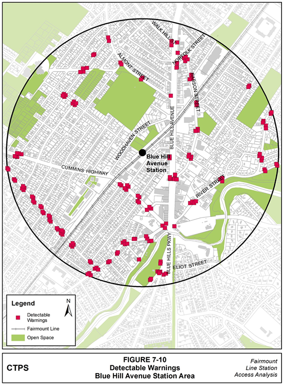 Figure 7-10, Detectable Warnings— Blue Hill Avenue Station Area: Figure 7-10 (portrait orientation) presents a map of the locations where MPO staff observed detectable warnings when conducting field work in the Blue Hill Avenue station area.