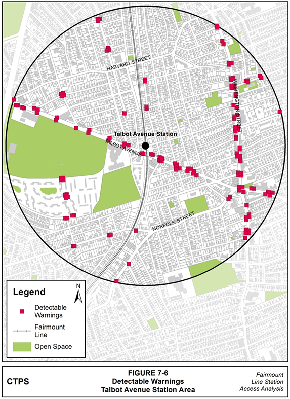 Figure 7-6, Detectable Warnings— Talbot Avenue Station Area: Figure 7-6 (portrait orientation) presents a map of the locations where MPO staff observed detectable warnings when conducting field work in the Talbot Avenue station area.