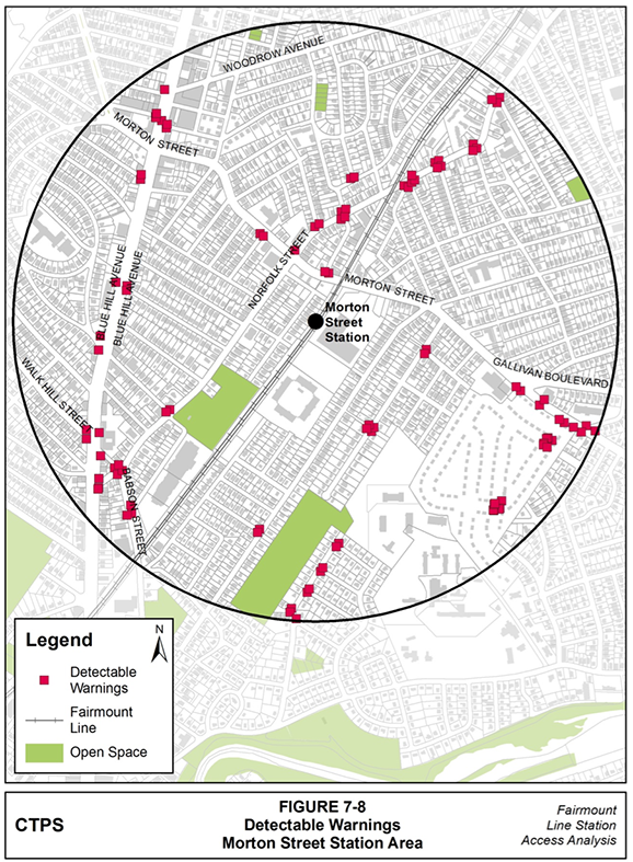 Figure 7-8, Detectable Warnings— Morton Street Station Area: Figure 7-8 (portrait orientation) presents a map of the locations where MPO staff observed detectable warnings when conducting field work in the Morton Street station area.