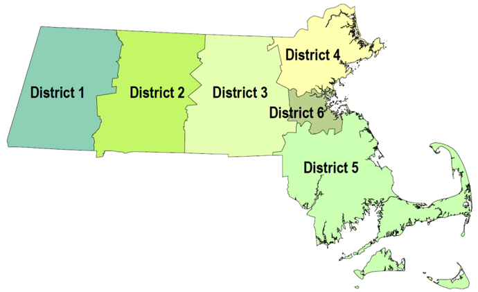 FIGURE 1B. Computer-drawn map showing the six MassDOT Highway Districts
