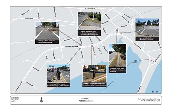 FIGURE 17. Computer-drawn map with photographs showing some of the problems facing pedestrians, such as obstructions in crosswalks, pedestrians crossing at midblock locations, and pedestrian desire lines worn into the ground.
