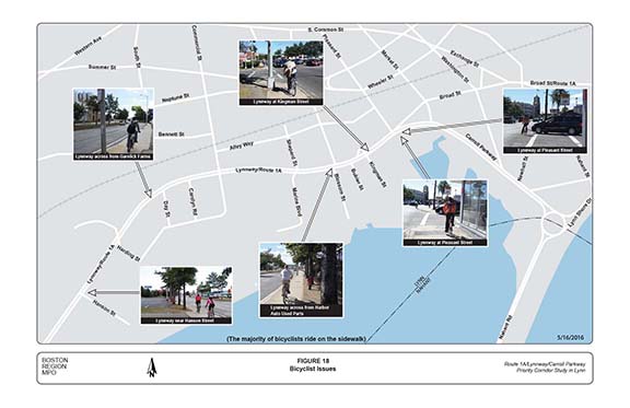 FIGURE 18. Computer-drawn map with photographs showing some of the problems facing bicyclists, such as riding on the sidewalks because of the unfriendly roadway experience.
