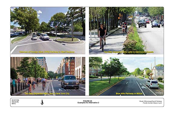 FIGURE 25. Photographs of example roadways for Alternative 2, such as the Veterans of Foreign Wars Parkway in West Roxbury and the Blue Hills Parkway in Milton.
