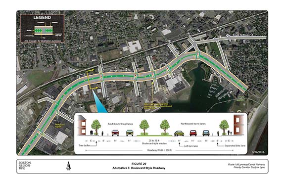 FIGURE 29. Aerial-view map and computer-drawn roadway cross-section that portrays MPO staff’s “Alternative 3,” which recommends long-term improvements, such as removing a travel lane in each direction on the Lynnway and Carroll Parkway and reconfiguring the roadway to facilitate the installation of a wider median; wider sidewalks; shorter crosswalks with pedestrian refuge areas; and separated bicycle lanes.
