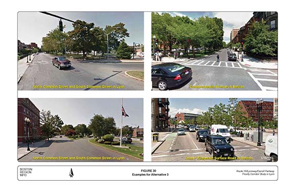 FIGURE 30. Photographs of example roadways for Alternative 3, such as North and South Common Streets in Lynn and Commonwealth Avenue in Boston (Lynnway version would be smaller in scale).

