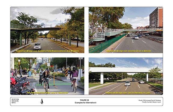 FIGURE 32. Photographs of examples for Alternative 4, such as Soldiers Field Road in Allston and Brighton, Storrow Drive in Boston, or extending the Carroll Parkway roadway character to the Lynnway portion of the corridor.
