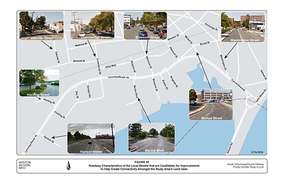 FIGURE 43. Computer-drawn map with photographs showing the roadway characteristics of the local streets that are candidates for improvements to help create connectivity amongst the study area’s land uses.
