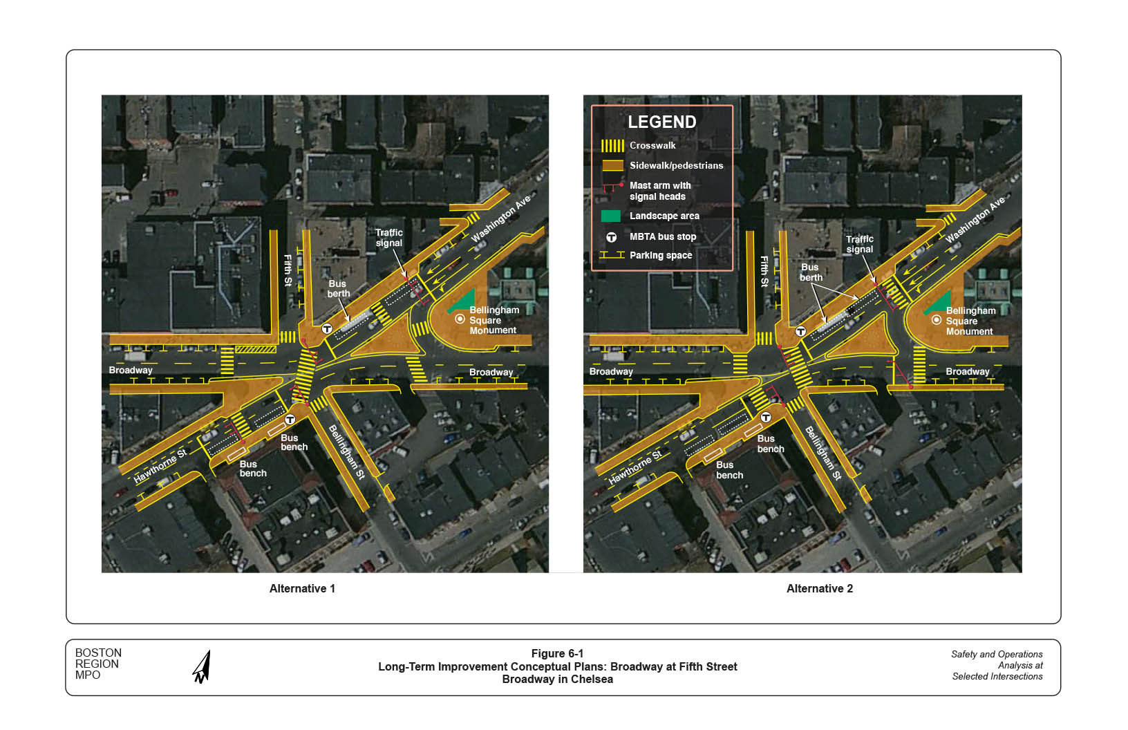 Figure 6-1 — Long-Term Improvement Conceptual Plans: Broadway at Fifth Street
Two separate maps, aerial views of study area with computer-drawn superimposed street and traffic maps, showing improvements under Alternatives 1 and 2, and indicating: crosswalk, mast arm with signal heads, sidewalk/pedestrians, landscape area, MBTA bus stop, and parking space.
