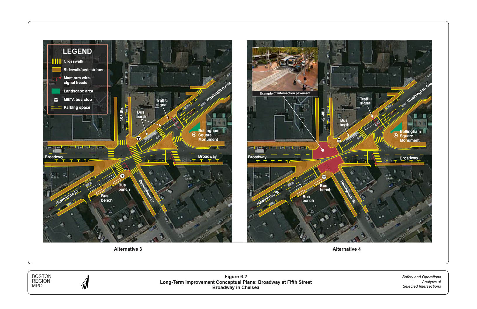 Figure 6-2 — Long-Term Improvement Conceptual Plans: Broadway at Fifth Street
Two separate maps, aerial views of study area with computer-drawn superimposed street and traffic maps, showing improvements under Alternatives 3 and 4, and indicating: crosswalk, mast arm with signal heads, sidewalk/pedestrians, landscape area, MBTA bus stop, and parking space.

