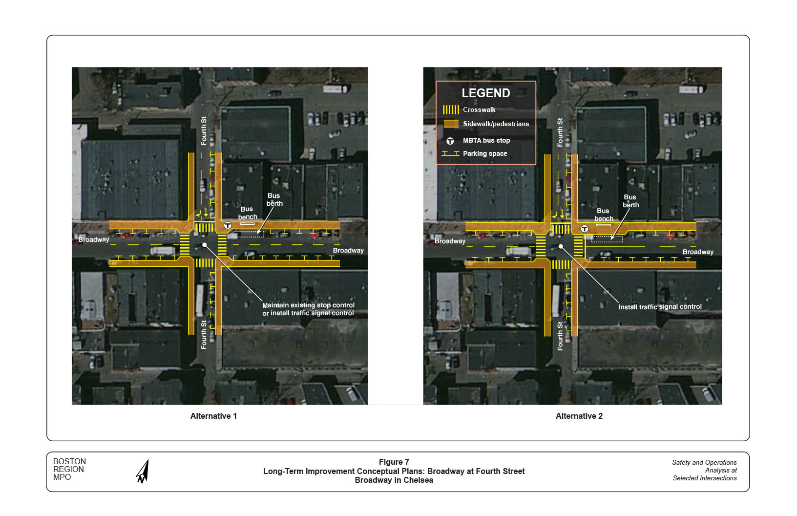 Figure 7 — Long-Term Improvement Conceptual Plans: Broadway at Fourth Street
Two separate maps, aerial views of study area with computer-drawn superimposed street and traffic maps, showing improvements under Alternatives 1 and 2, and indicating: crosswalk, sidewalk/pedestrians, MBTA bus stop, and parking space.