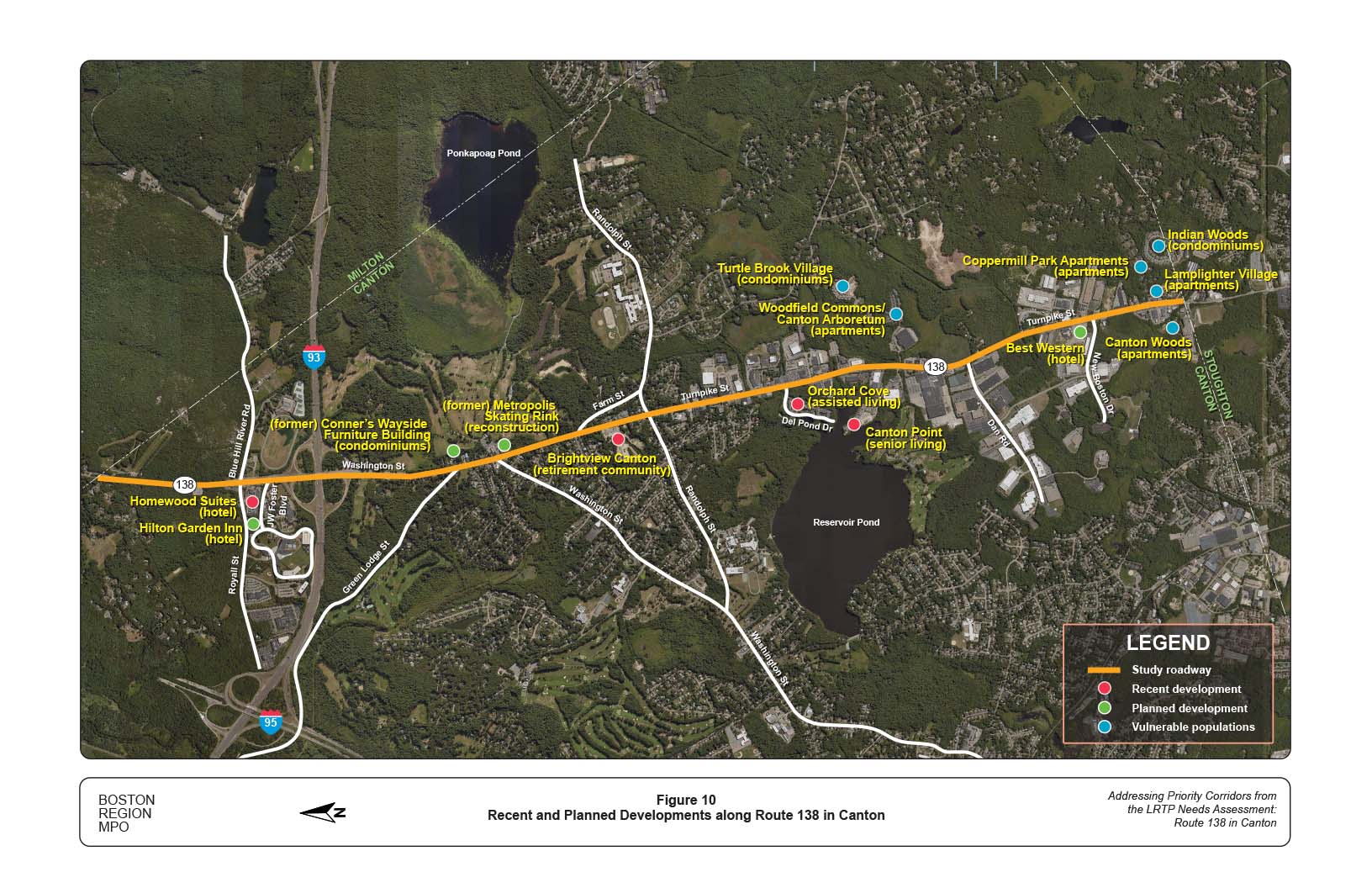 Figure 10 is a map of the study area showing recent and planned developments along Route 138.