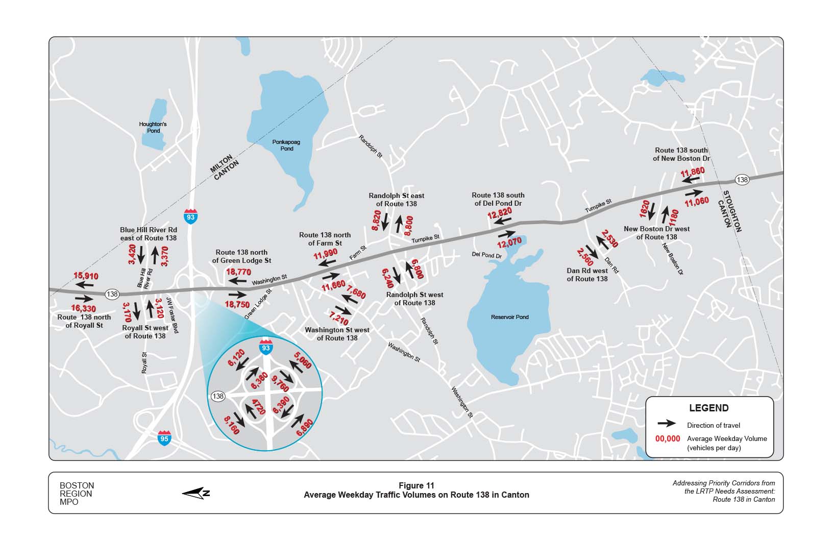 Figure 11 is a map of the study area showing average weekday traffic volumes on Route 138.