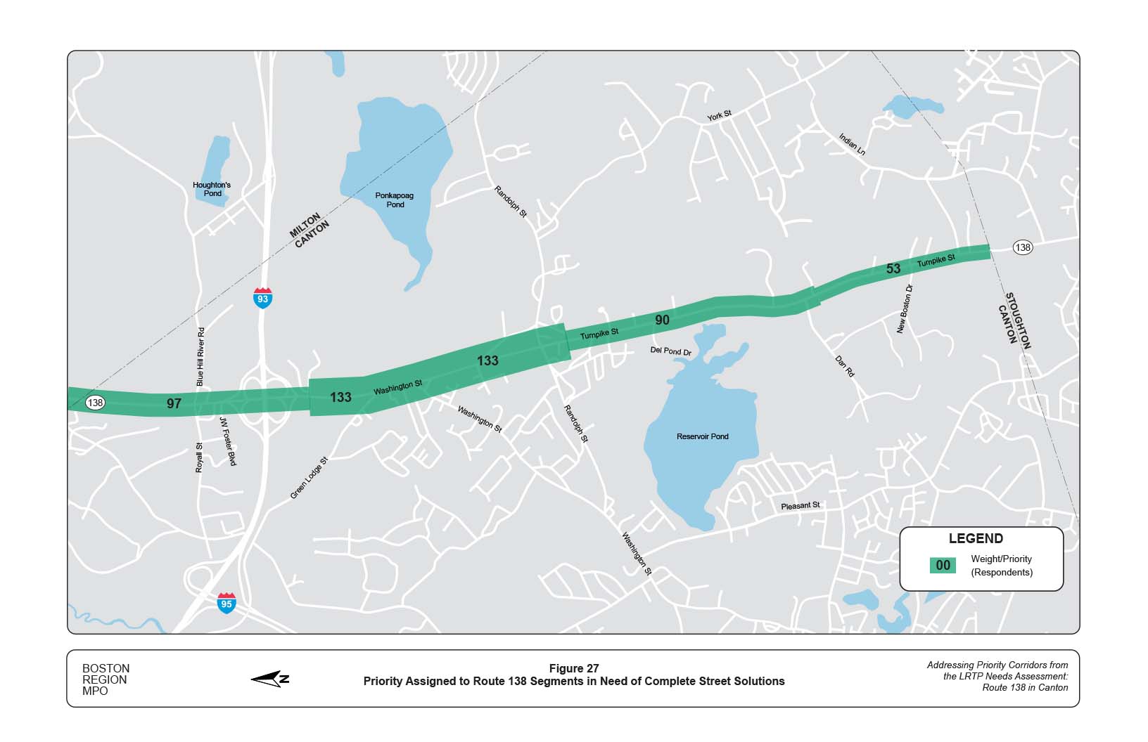 Figure 27 is a map of the study area showing the priority assigned to segments of Route 138 for Complete Streets improvements.