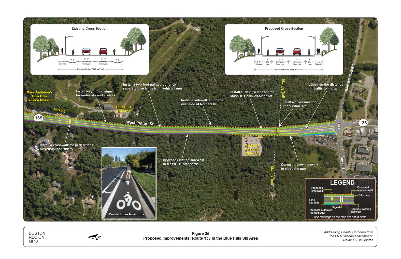 Figure 35 is map of Route 138 near the Blue Hills Ski Area with overlays showing the proposed improvements to the roadway and graphics of the current and proposed cross section of the roadway.