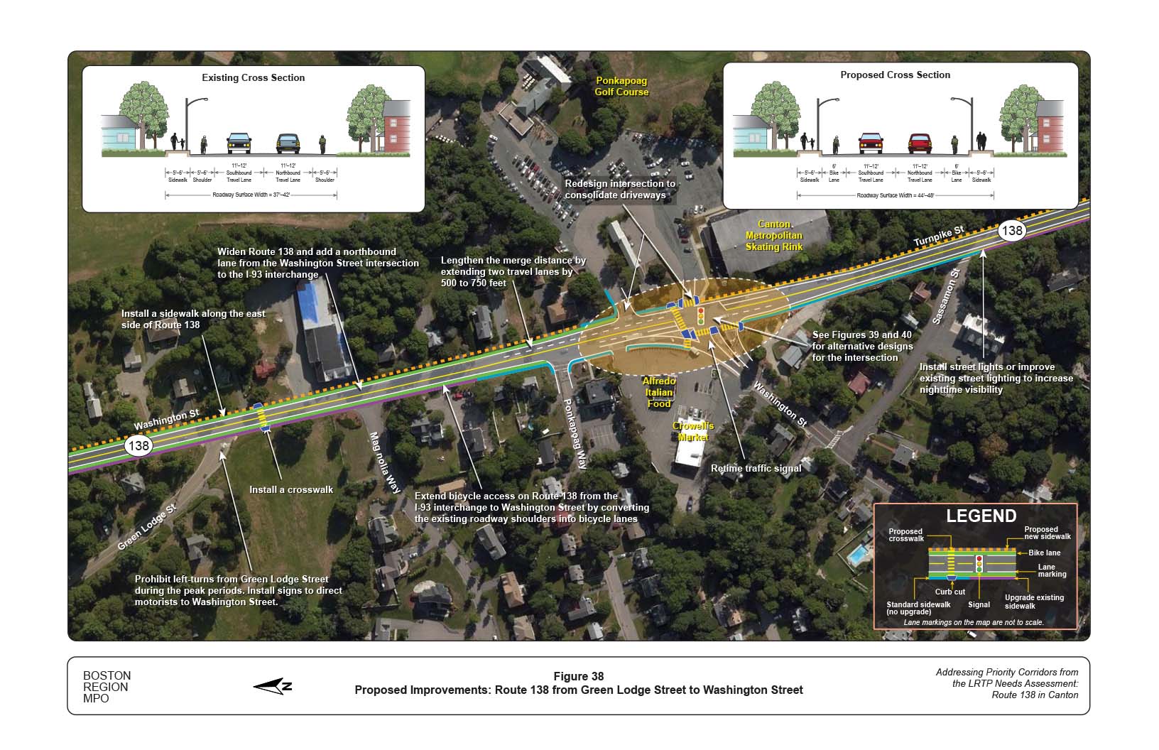 Figure 38 is map of Route 138 at Green Lodge and Washington Street with overlays showing the proposed improvements to the roadway and graphics of the current and proposed cross section of the roadway.