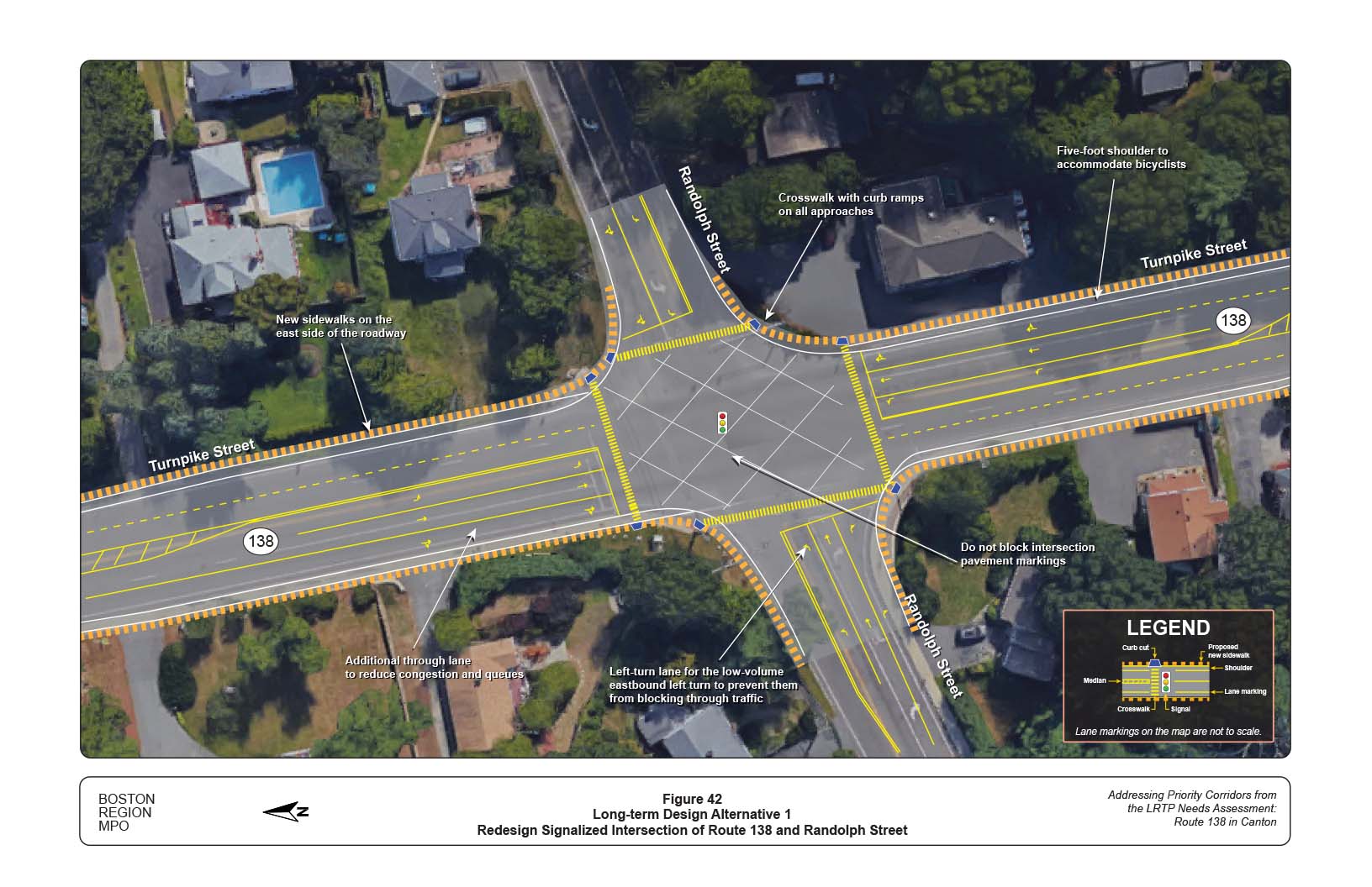 Figure 42 is map of the intersection of Route 138 and Randolph Street with overlays showing an alternative for a redesign of the intersection.