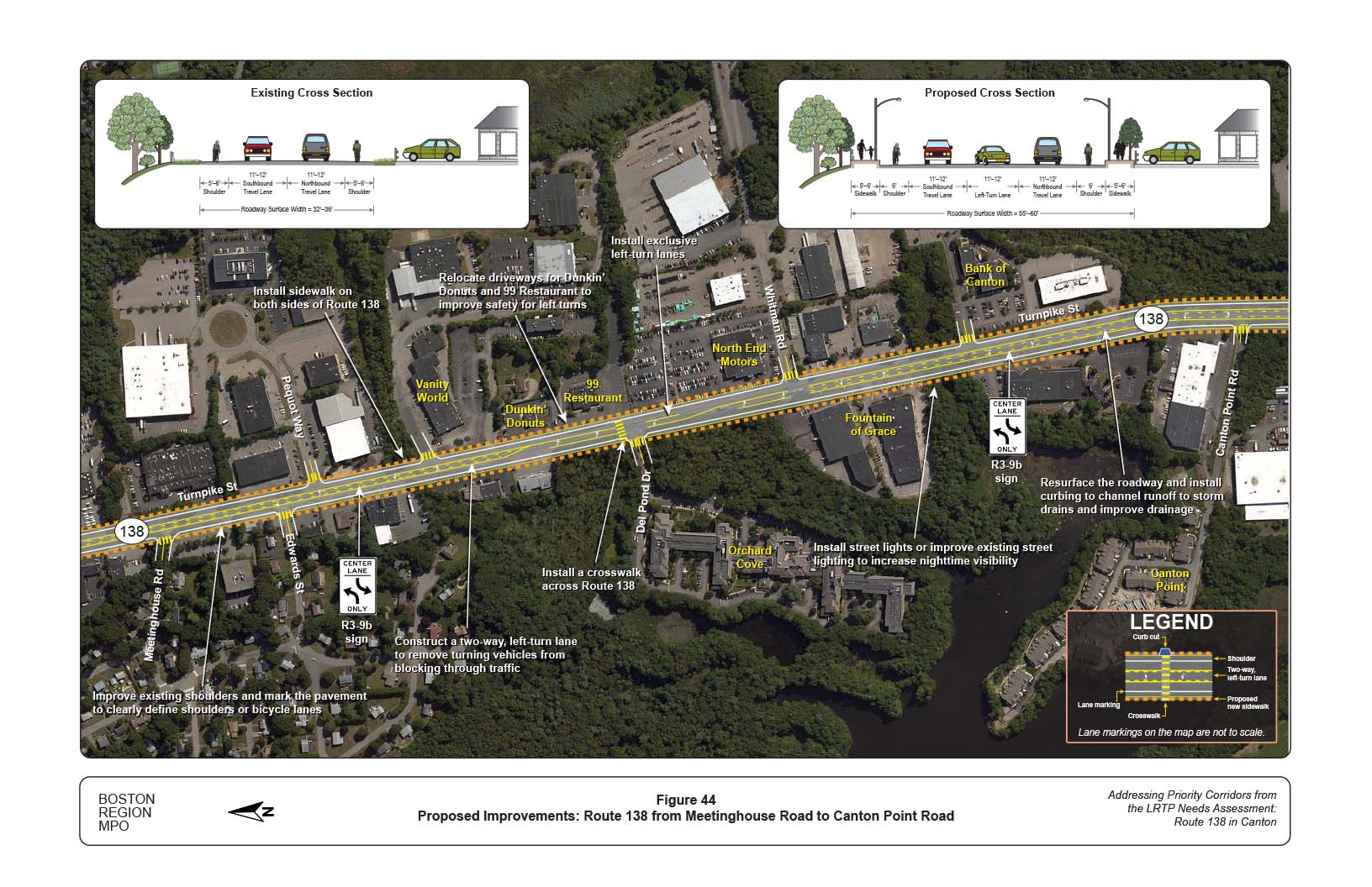 Figure 44 is map of Route 138 from Meetinghouse Road to Canton Point Road with overlays showing the proposed improvements to the roadway and graphics of the current and proposed cross section of the roadway.