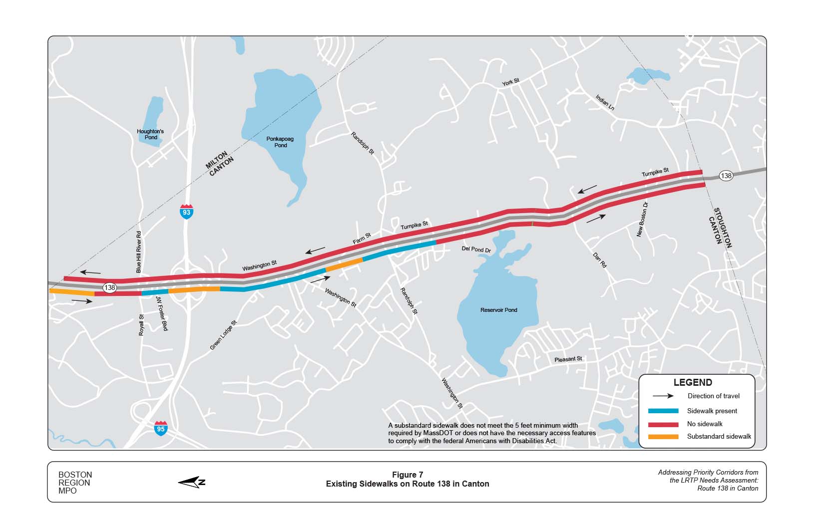 Figure 7 is a map of the study area showing the location of sidewalks on Route 138.
