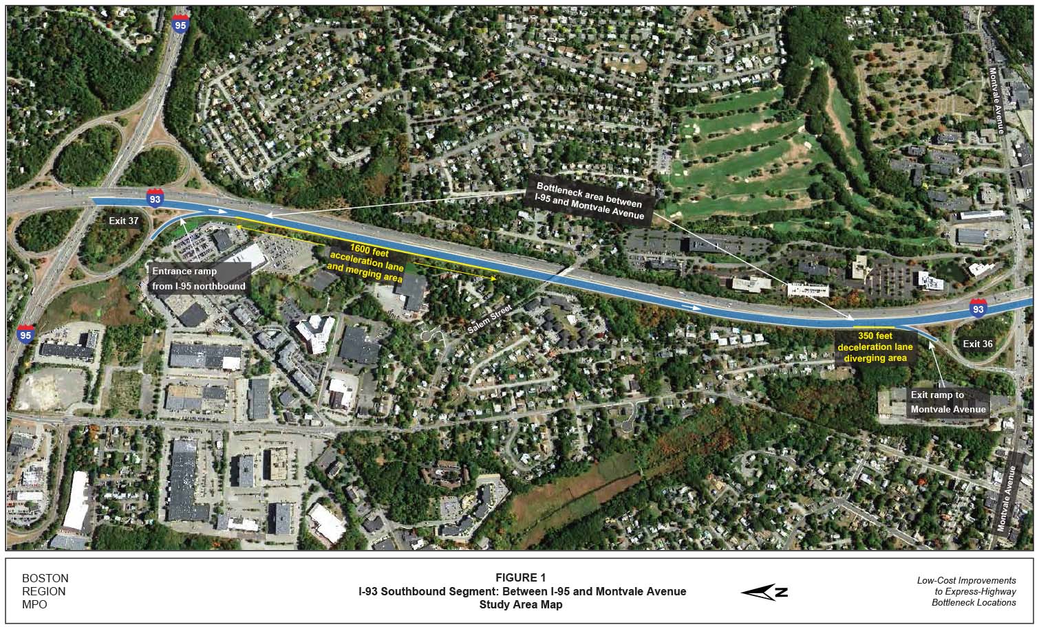 FIGURE 1. Aerial-view map showing the study area on the I-93 southbound segment between I-95 and Montvale Avenue
