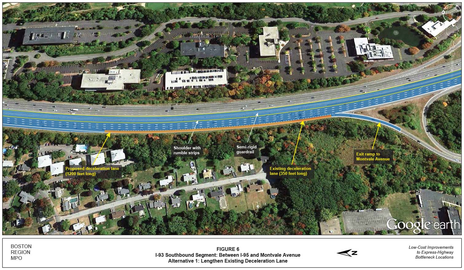 FIGURE 6. Aerial-view map showing “Improvement Alternative 1,” which recommends lengthening the existing deceleration lane on the I-93 southbound segment between I-95 and Montvale Avenue