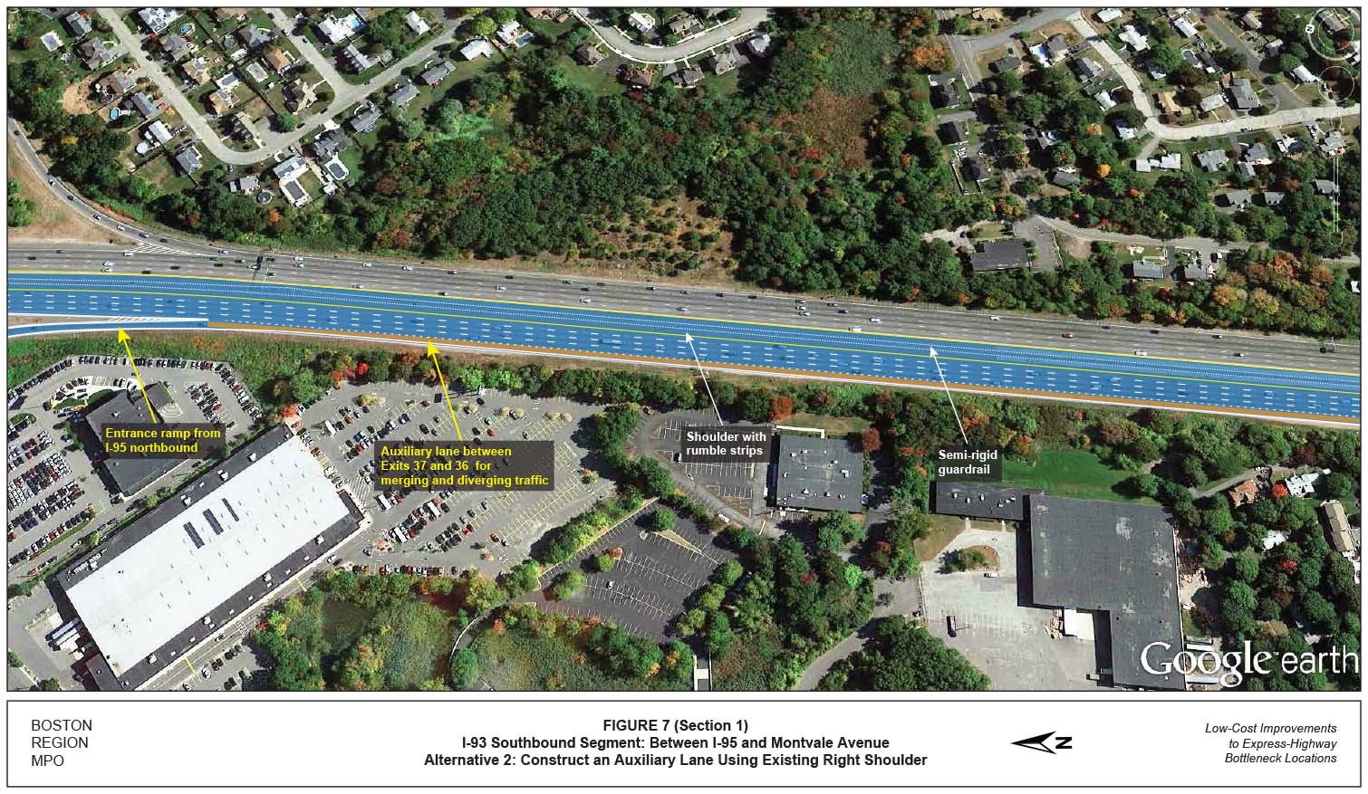 FIGURE 7. Aerial-view map showing “Improvement Alternative 2,” which recommends constructing an auxiliary lane using the existing right shoulder on the I-93 southbound segment between I-95 and Montvale Avenue