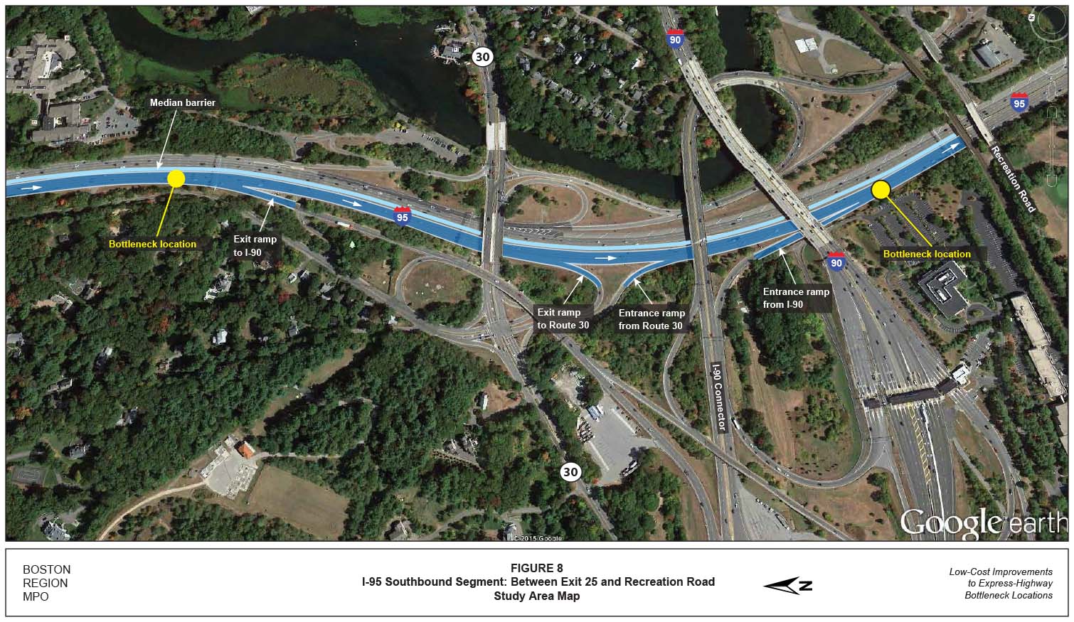 FIGURE 8. Aerial-view map showing the study area on the I-95 southbound segment between Exit 25 and Recreation Road