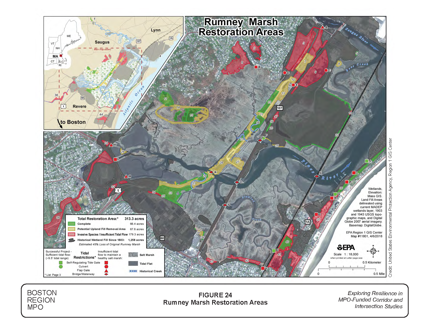 Figure 24 is a map of the study area showing locations of saltwater marshes and invasive Phragmites where tidal flows have been restricted in the Rumney Marsh Reservation
