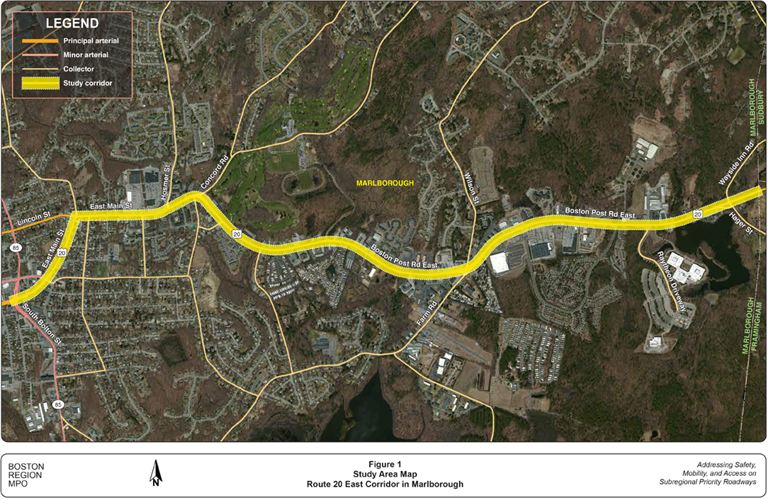 Figure 1 is a map of the study area, Route 20 East in Marlborough. The map shows the roadway classification in the study area.