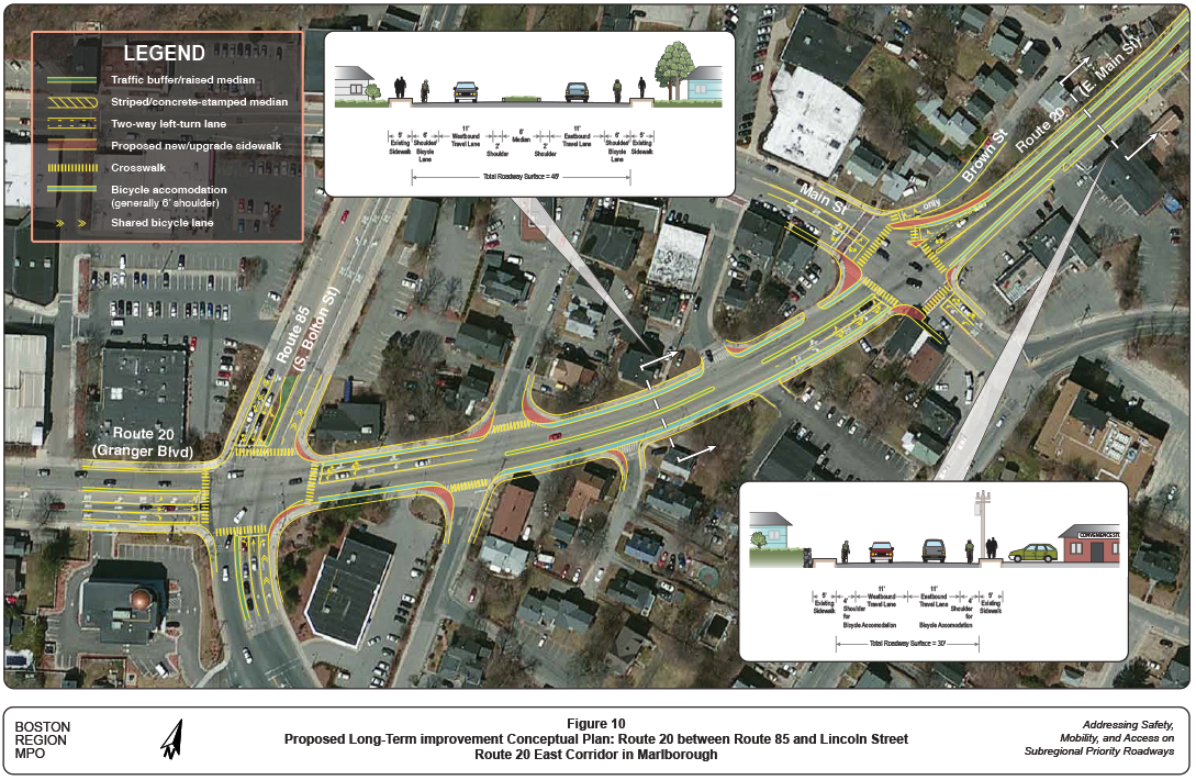 Figure 10 is a map of Route 20 between Route 85 and Lincoln Street. The map has overlays depicting proposed long-term conceptual improvements to the roadway, including the location of traffic buffers, medians, turn lanes, crosswalks, sidewalks, and bicycle lanes and accommodations. Graphics embedded in map show proposed cross sections of the roadway with lane widths.
