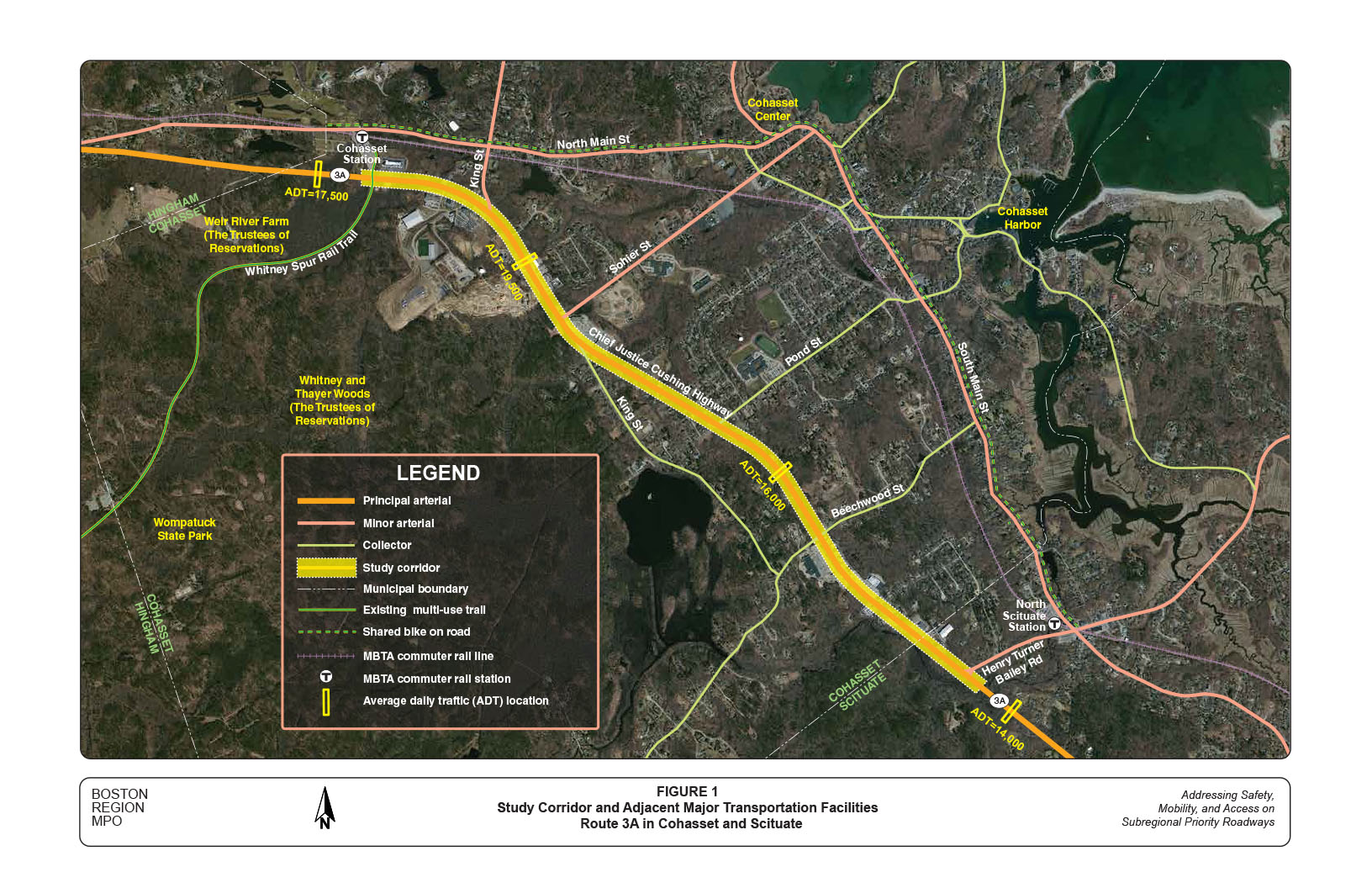 Figure 1 is an aerial view map that depicts the location of the study corridor (Route 3A in Cohasset and Scituate) along with major transportation facilities in the area.