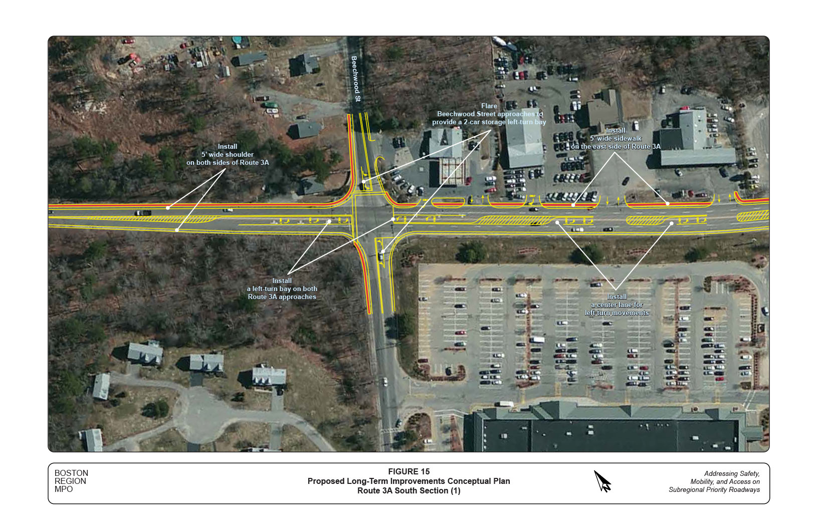 Figure 15 is an aerial view map that depicts the proposed long-term improvements (conceptual plan) for the south section of Route 3A.