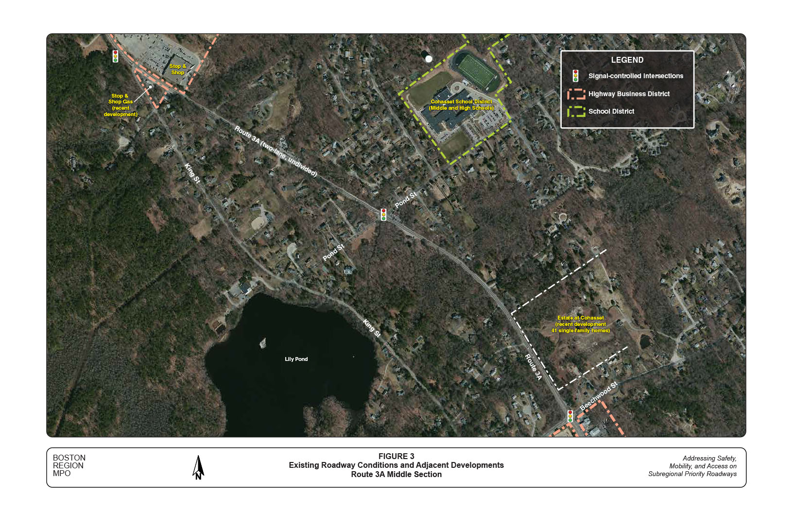 Figure 3 is an aerial view map that depicts the existing roadway conditions and adjacent developments in the middle section of the study corridor.