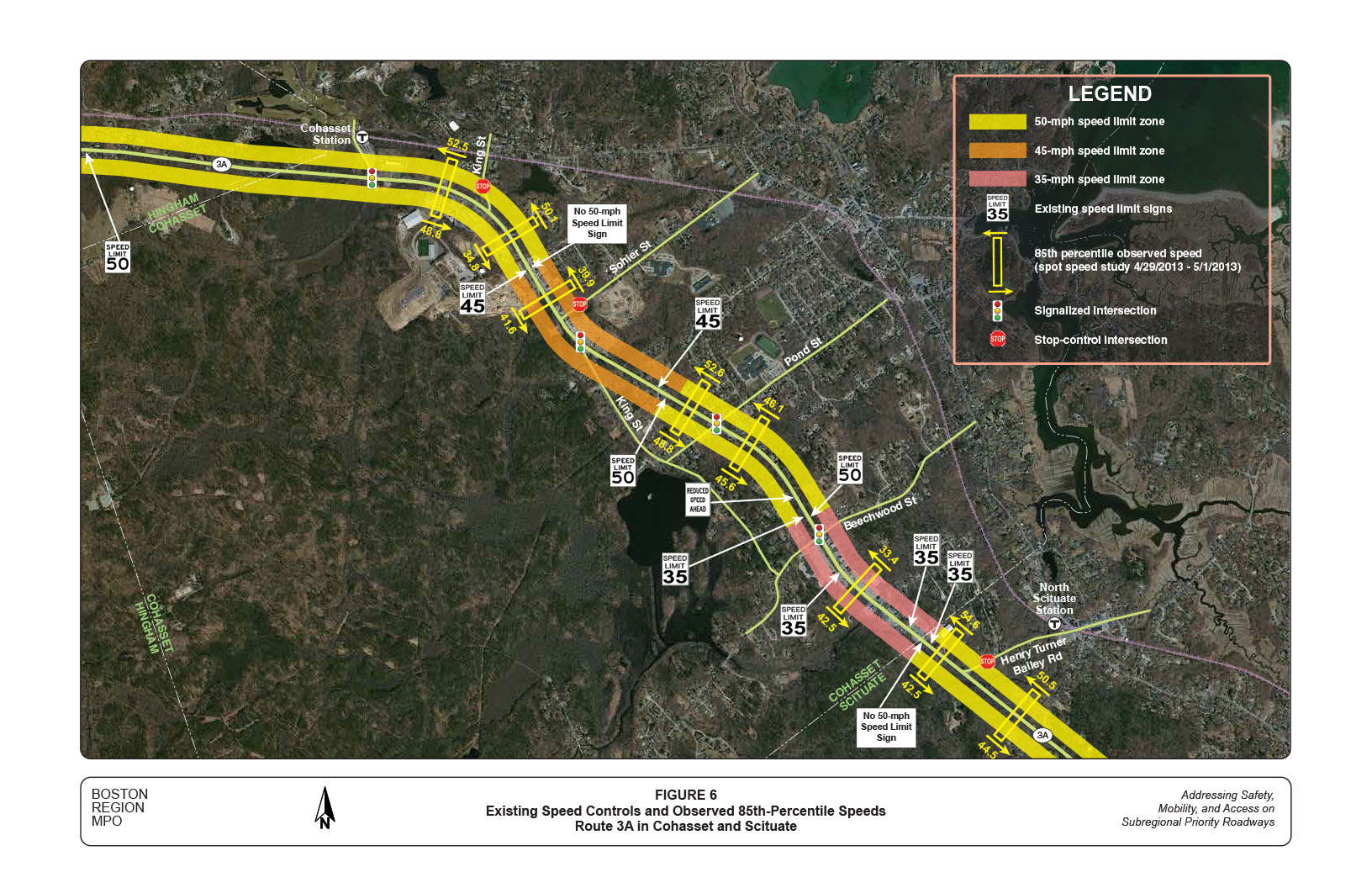 Figure 6 is an aerial view map that depicts the existing speed controls and observed 85th percentile travel speeds in the study corridor.
