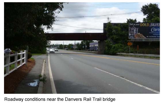 Image shows the roadway conditions near the Danvers Rail Trail bridge