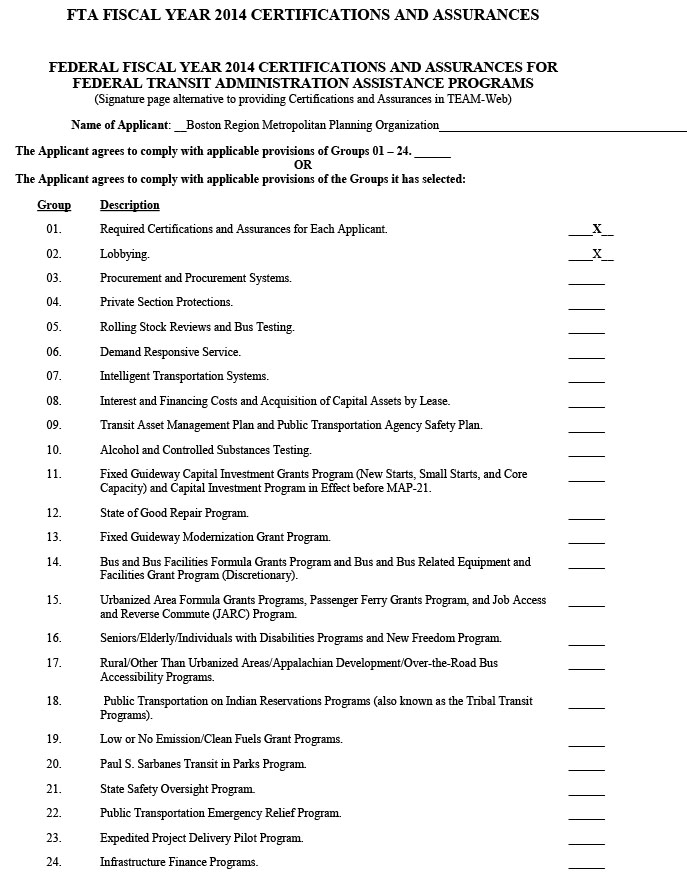 This page and the following page contain materials taken directly from the Federal Transit Administration (FTA), called “Federal Fiscal Year 2014 Certifications and Assurance for Federal Transit Administration Programs.” The first page is a form sent to the applicant that checks of which provisions the applicant needs to comply with. On this form, the first two provisions (of the 24 listed) are checked: “Required Certifications and Assurances for Each Applicant” and “Lobbying.” The second page has places for the applicant’s representative and its attorney to sign, indicating that they agree to comply with those provisions. Signed on June 24, 2014
