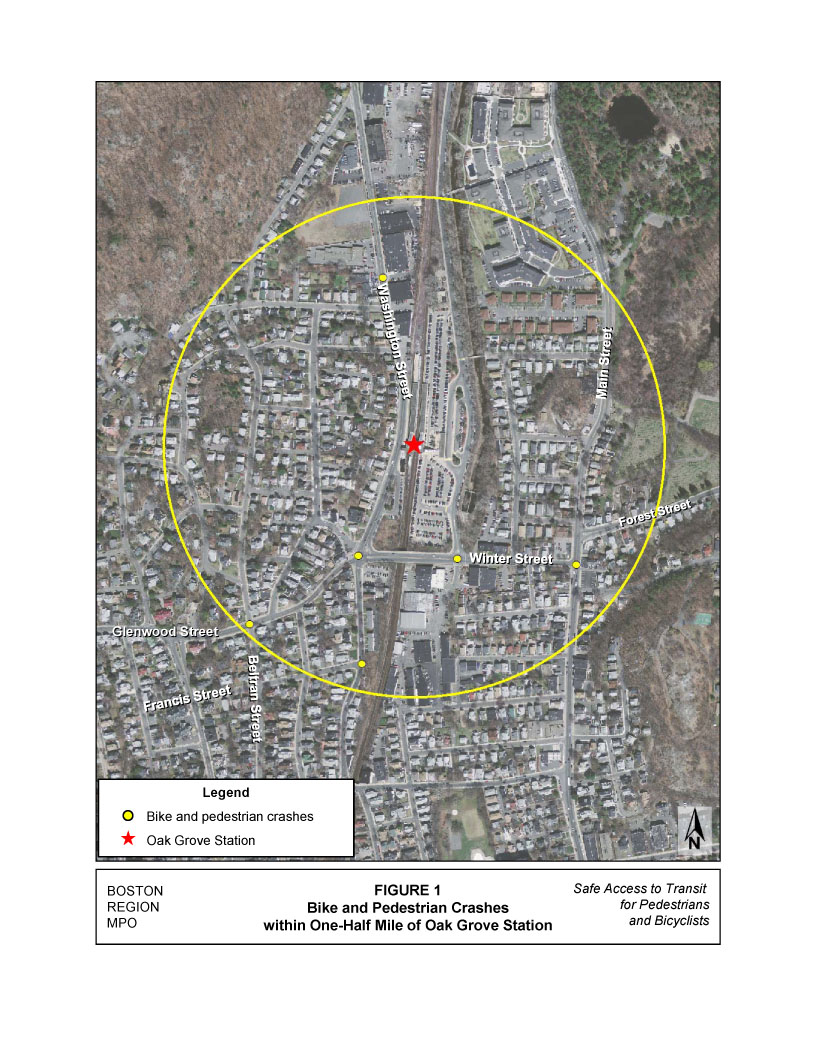 Figure 1 is an aerial photo that shows the locations of bicycle and pedestrian crashes that occurred within one-half mile of Oak Grove Station between 2005 and 2009.