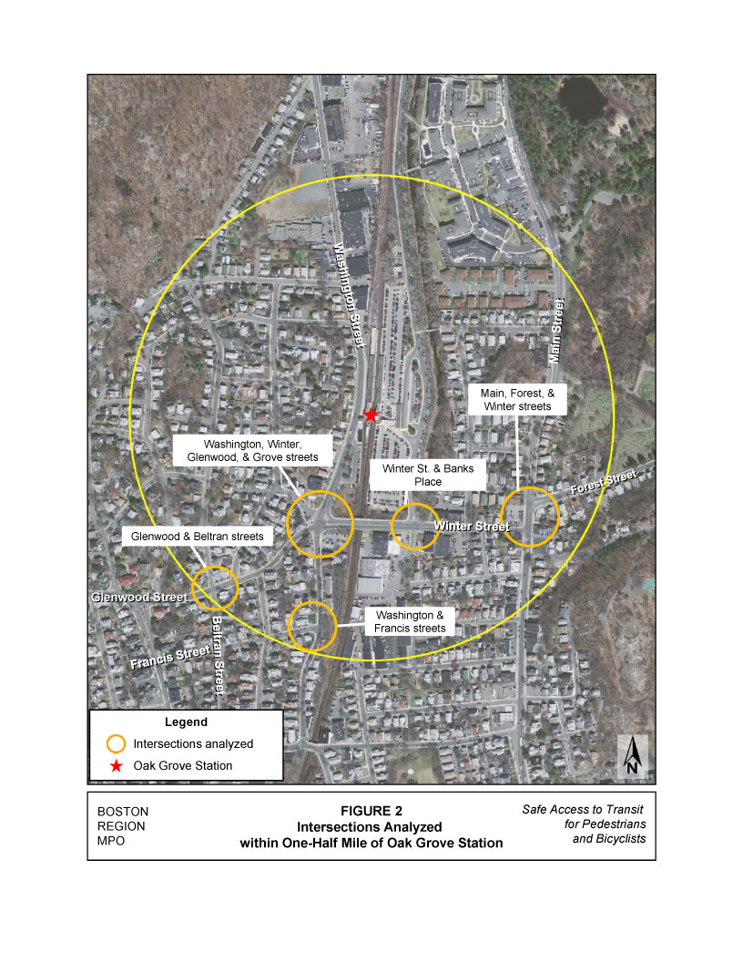 Figure 2 is an aerial photo that shows the locations of the intersections located within one-half mile of Oak Grove Station that were analyzed for this study. 