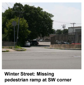 Photograph of Winter Street: Missing pedestrian ramp at SW corner