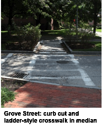 Grove Street: curb cut and ladder-style crosswalk in median.