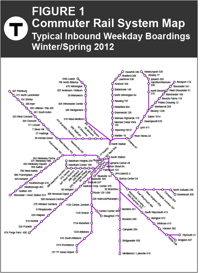 FIGURE 1
Commuter Rail System Map
Typical Inbound Weekday Boardings
Winter/Spring 2012