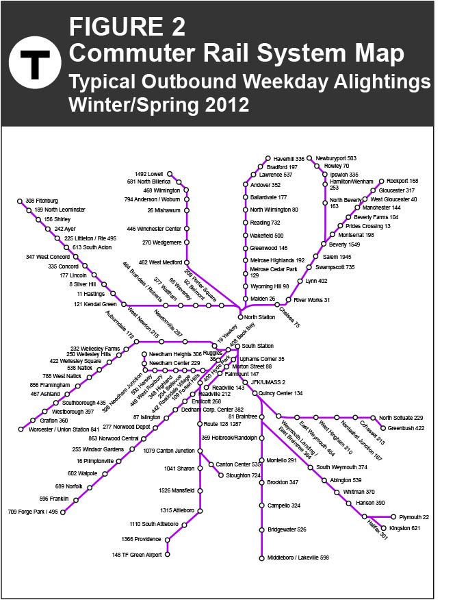 FIGURE 2
Commuter Rail System Map
Typical Outbound Weekday Alightings
Winter/Spring 2012